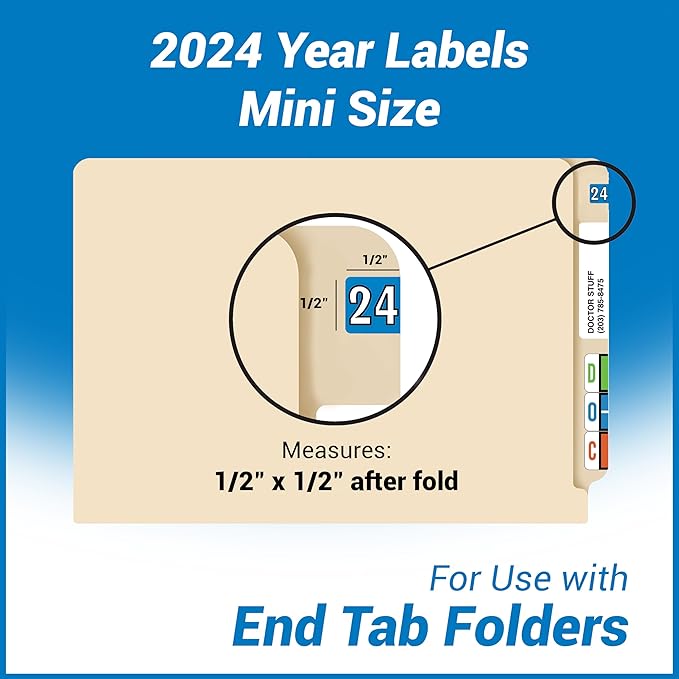 2024 MINI Year Labels, Doctor Stuff 2024 Chart Stickers, Blue Color Coded, Colwell Jewel Tone Style, USA Made Year Stickers for End Tab File Folders, 250/Pack, 1 Package, 1/2" x 1" - Small Labels