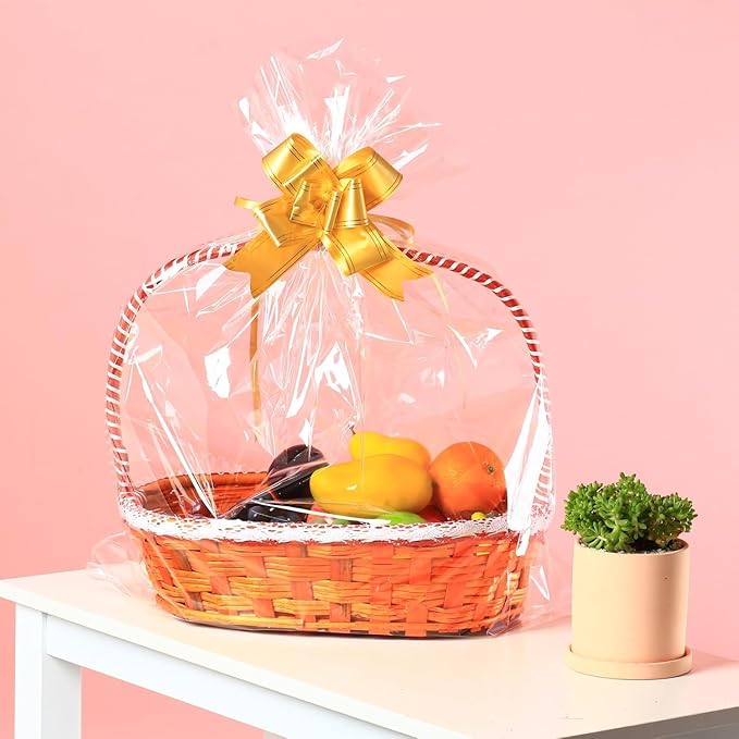 30 Packs Large Clear Cellophane Bags 14x20 18x24 24x30 Inches Jumbo Gift Basket Wraps Extra-large Transparent Plastic Bags for Fruit Basket, Gift Wrap, Treats, Arts and Crafts, 30 pcs Pull Ribbon Bow Ties