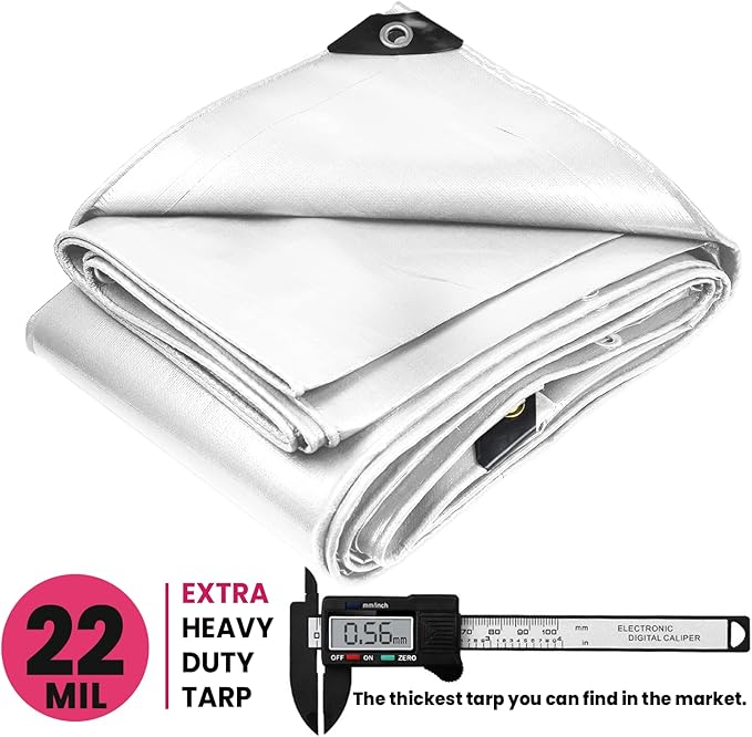 PROTARP Extreme Heavy Duty 22 Mil Tarp Cover, Waterproof, UV Resistant, Rip and Tear Proof, Poly Tarpaulin with Reinforced Edges for Roof, Camping, Patio, Pool, Boat. (White 12′ X 16′)