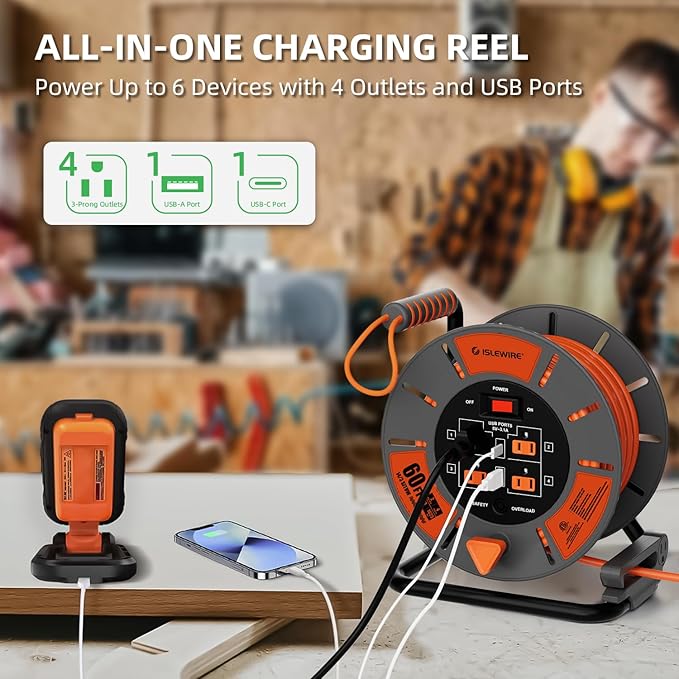60 FT Retractable Extension Cord Reel, 14AWG SJTOW Heavy Duty Power Cord with 4 Grounded Outlets, USB-A & USB-C Ports, 13A Circuit Breaker, Hand Crank for Indoor Outdoor Use, ETL Listed, Orange