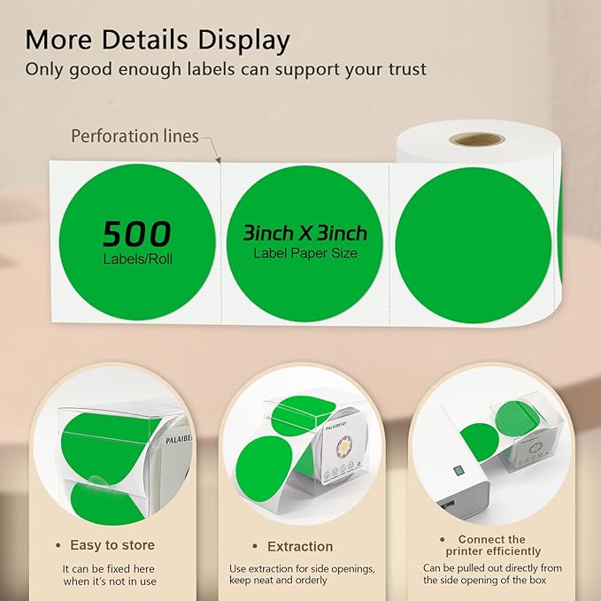 3 X 3 Inch Round Thermal Labels Circle Color Coding Labels Printable Waterproof 500PCS Round Stickers Adhesive Writable for Office, Home, Garage, DIY Sticker, Name Tag,Green