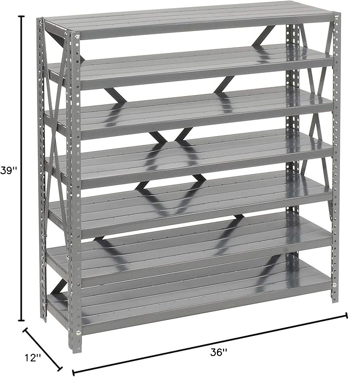 Global Industrial 7 Shelf Steel Shelving with (36) 4" H Plastic Shelf Bins, Gray Frame & Blue Bins, 36" W x 12" D x 39" H, Industrial or Commercial Storage, Assembly Required