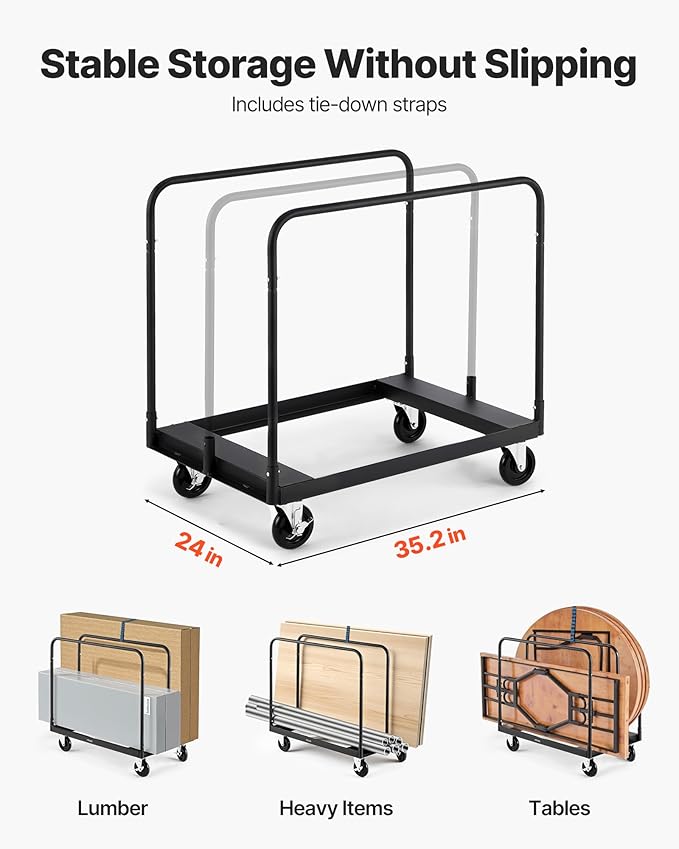 VEVOR Drywall Cart Dolly, 1800 lbs Load Capacity, Steel Panel Truck Cart with 5 inch Swivel Casters, Lumber Drywall Dolly with with Tie-Down Strap & 3 Side Handrails for Factory, Warehouse, Black