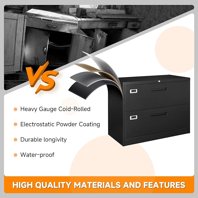 Lateral File Cabinet, Metal Filing Cabinet with Lock, 2 Drawer File Cabinets for Home Office, Office Cabinet for Hanging Files Letter/Legal/F4/A4, Assembly Required, Black