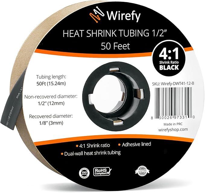 Wirefy 1/2" Heat Shrink Tubing - 4:1 Ratio - Adhesive Lined - Resistant Heat Shrink - 50 Feet Roll - Black