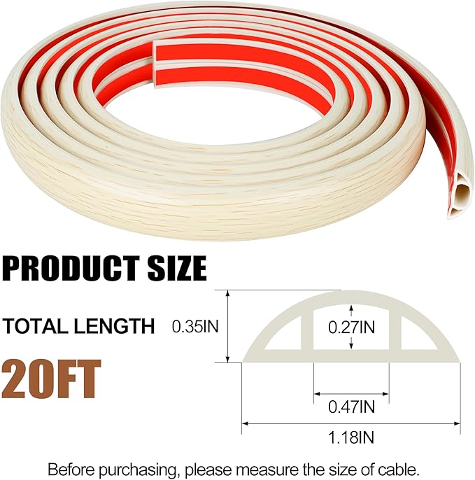 MYFAMIREA 20FT Floor Cord Cover for Wire Self Adhesive Cable Cavity Management PVC Extension Cord Hider Power Floor Wire Protector Prevent Cable Trips for Office Home Outdoor (Beige Wood, 1.18'')
