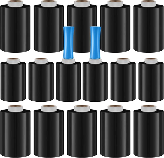 Jutom 16 Pcs Stretch Wrap Roll Plastic Wrap for Moving with 2 Handles 5 x 1000 ft Packaging Shrink Film Self Adhering Shipping Supplies for Moving Furniture Pallet(Black, Blue)