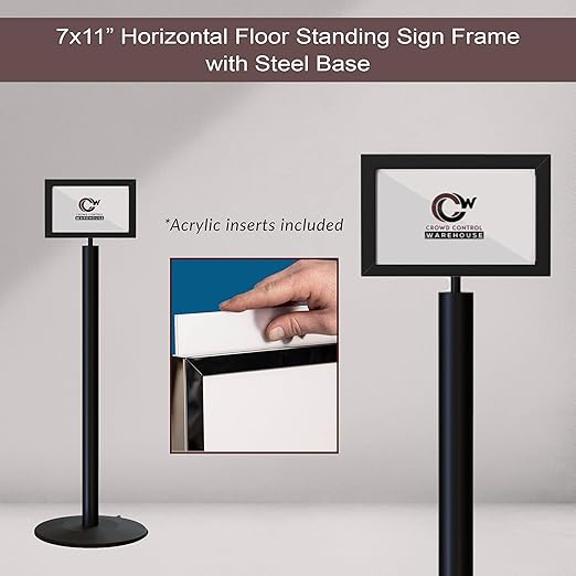 Floor Standing Sign Frame with Steel Low Profile Base, 7 inches by 11 inches Horizontal Sign Frame, Black Post