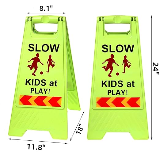 3 Pack Slow Kids at Play Sign, Children Playing Sign for Street with Reflective Tapes Handle, 24 Inch High Visibility Green Kids Pets Caution Warning for School, Sidewalk, Driveway, Park