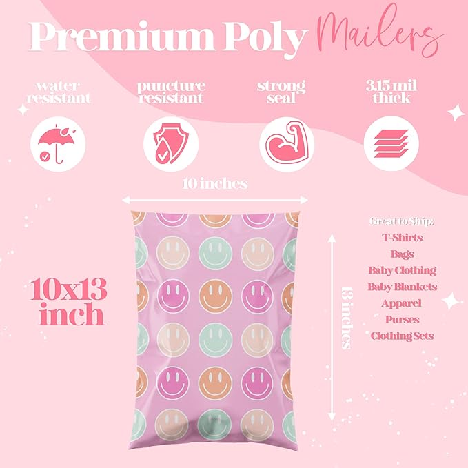 6x9 Designer Poly Mailer 100 Pack Heavy Duty Waterproof Self Seal Shipping Bags for Small Business Large Mailing Envelopes Bulk Tear Resistant Cute Packaging Smiley Face