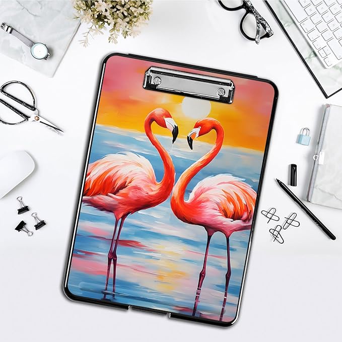 Clipboard with Storage,Office Supplies Nursing Clipboards Folder with Pen Holder Plastic Foldable Clip Board with Storage for Nurse Teacher,Sunset Flamingo