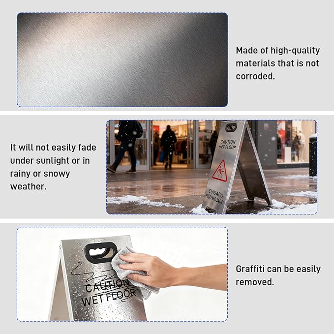 4 Pack Stainless Steel Wet Floor Sign, 24 Inch Caution Wet Floor Sign Portable Foldable Bilingual Safety Warning for Hotel Market Restroom Restaurant Office (Silver)