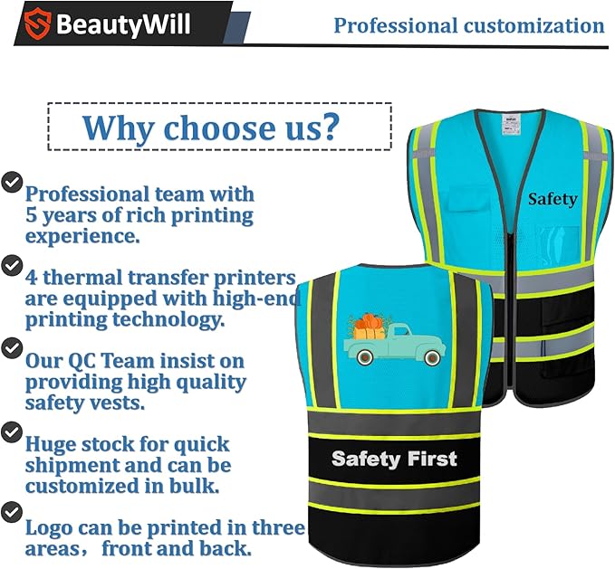 5 Pack Custom Safety Vest Customized Logo Mesh Vest Class 2 High Visibility Reflective Vest with Pockets Workwear（LightBlue Black，M ）
