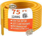 HUANCHAIN 75 ft 12/3 Gauge Heavy Duty Outdoor Extension Cord Waterproof with Lighted, Flexible Cold Weather 3 Prong Electric Cord Outside, 15A 1875W 125V 12AWG SJTW, Yellow, ETL Listed