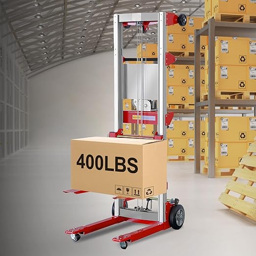 122" Material Lift Winch Stacker, 400 lbs Capacity Manual Material Lifts, Fixed Straddle Material Lifter, Hand Winch Lift Trucks for Warehouse, Factory, Lightweight, 34.60" L x 24.80" W, Red