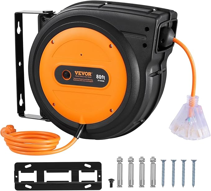 VEVOR Retractable Extension Cord Reel, 80 FT, Heavy Duty 12AWG/3C SJTOW Retractable Power Cord with Lighted Triple Tap Outlet, 15 Amp Circuit Breaker 180° Swivel Bracket for Ceiling or Wall Mount