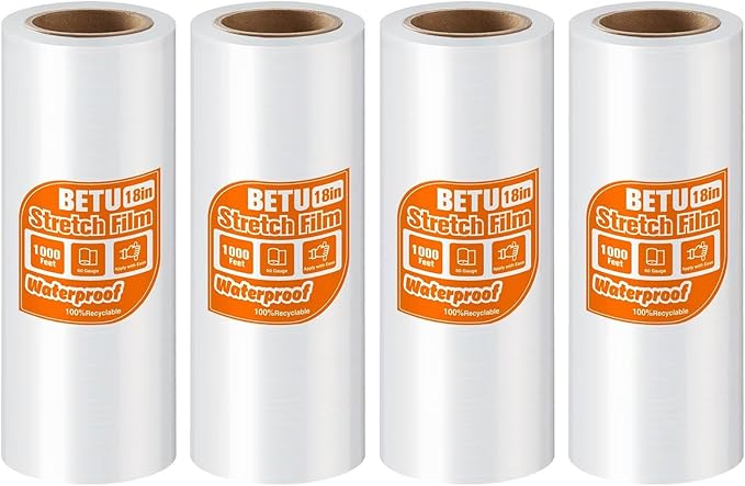 18 inch Stretch Film Shrink Wrap for Moving Supplies, 4 Pack Industrial Strength Stretch Plastic Wrap Roll for Pallet Wrapping Shipping Moving Boxes Storage Furniture,1000ft, Clear