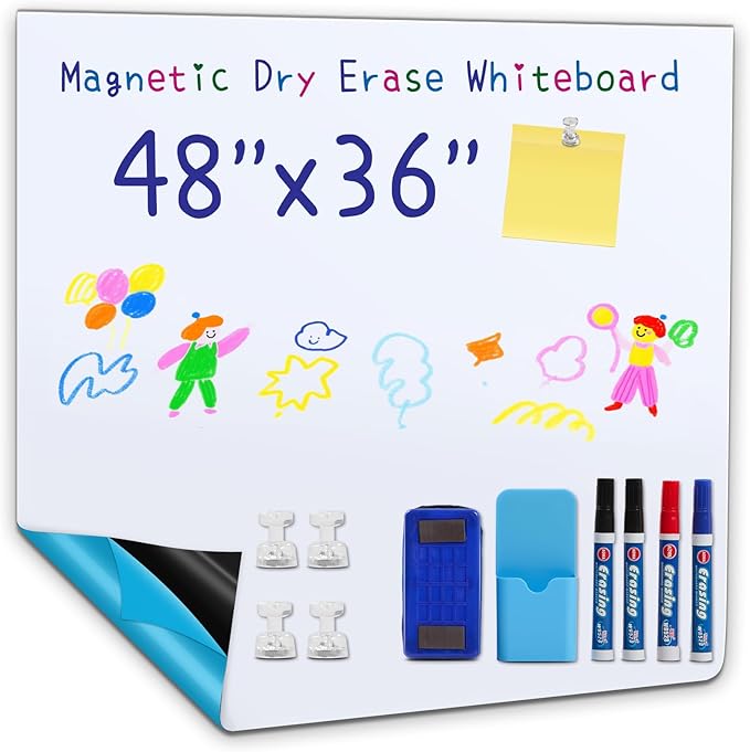 Whiteboard Adhesive Contact Paper, 48×36" in Magnetic Whiteboard Roll, Dry Erase Board for Wall. Ideal for Schools, Offices, and Homes. Includes Markers and Dry-Erase Board.