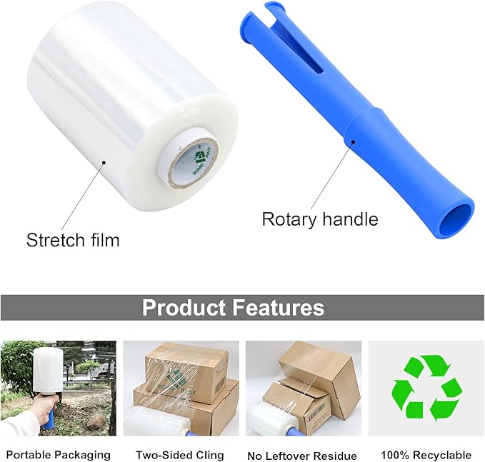 BOMEI PACK Clear Industrial Stretch Wrap Film 5" x 1000ft 2 Pack with Handle, 5" x 1000ft for Moving Supplies, Plastic Wrap for Packing, Heavy Duty Stretch Film