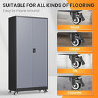 Metal Garage Cabinets with Wheels, Heavy Duty Rolling Storage Cabinet with Lock, Storage Caninet with 2 Doors and 4 Shelves, Tall Tool Cabnet on Wheels for Workshop/Home/Office-(Black Gray 75”H)