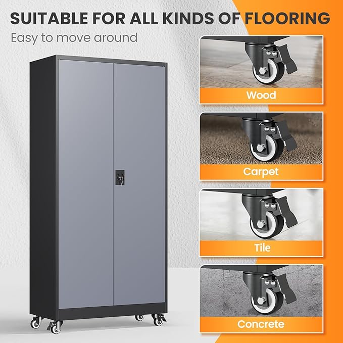 Metal Garage Cabinets with Wheels, Heavy Duty Rolling Storage Cabinet with Lock, Storage Caninet with 2 Doors and 4 Shelves, Tall Tool Cabnet on Wheels for Workshop/Home/Office-(Black Gray 75”H)