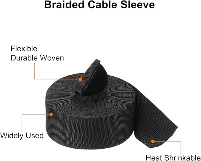 MECCANIXITY Braided Cable Sleeves Heat Shrinkable Fabric Sleeving, 1 1/4" 26ft Black 2:1 Ratio Heat Shrinkable Cord Protector for Harness Cable, Network Cable Protection, Cable Management