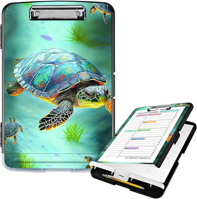 Clipboard with Storage High Capacity Plastic Nursing Clipboards with Pen Holder File Folder Storage Box Clipboard with Heavy Duty Clips for Teacher,Doctor,Offices-Sea Turtles
