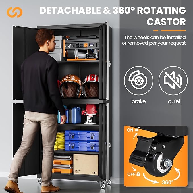 4 Door Garage Storage Cabinets with wheels, Metal Rolling Tool Cabinet with Lock, Locking Garage Caninet on wheels with Shelves, Steel Tall Tool Cabnets Locker for Workshop/Home/Office - (Black 73”H)
