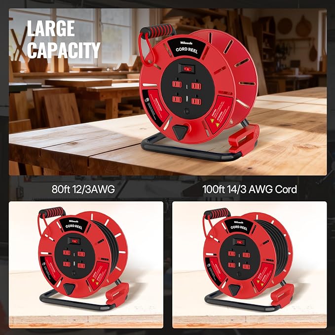 Extension Cord Storage Reel with 4-Grounded Outlet & 2 USB Port, 15A Circuit Breaker, Heavy Duty Open Cord Reel for 12/3,14/3 Gauge Power Cord, Hand Wind Retractable, ETL Listed Red R85CR06