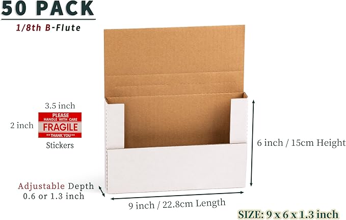 50 Pack 9x6x1.3 inch Small Shipping Boxes, Multi-Depth Flat Cardboard Boxes with Fragile Stickers for DVD Shipping, Packing, Moving, Storage, White