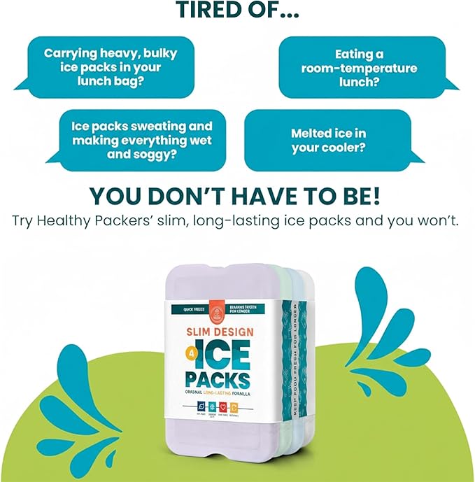 Healthy Packers Reusable Ice Packs for Lunch Boxes - Long Lasting Slim Freezer Packs, Thin Non-Toxic BPA-Free Hard Gel Ice Blocks for Coolers, Kids & Adults Lunch Bags, Travel, Camping, Food Storage