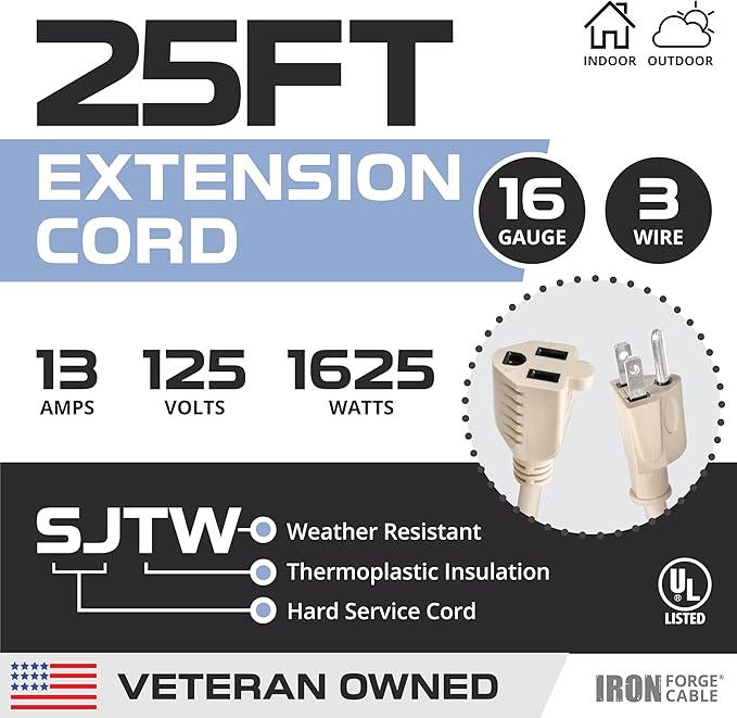 Iron Forge Cable Weatherproof 25 Ft Outdoor Extension Cord - 16/3 SJTW Heavy Duty Light Brown Extension Cord 3 Prong - 13 Amp Exterior Power Cable