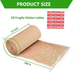 Honeycomb Packing Paper Wrap 12"x400' Sustainable Alternative to Bubble Cushioning Wrap Biodegradable & Fully Recylable for Moving/Shipping/Packing Roll with 20 Fragile Stickers