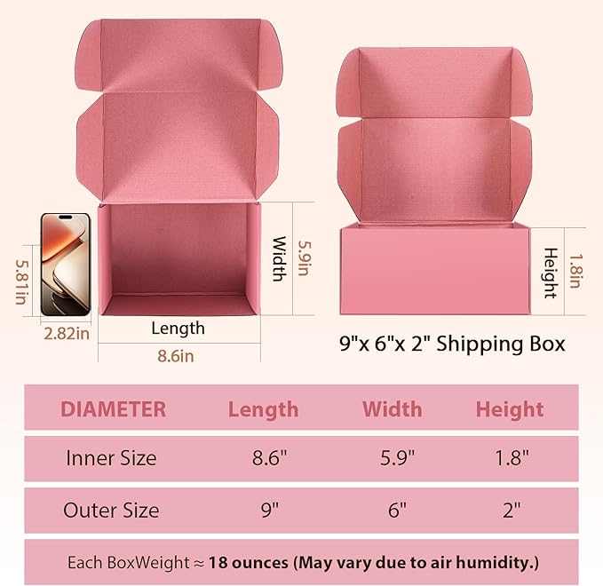 9x6x2 inches Shipping Boxes Set of 25, Small Corrugated Cardboard Box, Literature Mailer, Gift Boxes (Pink, 9x6x2)