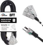 3-Outlets Indoor Outdoor Extension Cord Weatherproof with Lighted End, UL Listed, 10 Gauge 8FT Black 3 Prong Heavy Duty, 10/3 SJTW 15A Power Cord