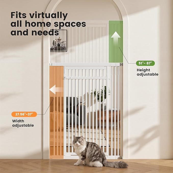 Gardner Pet 51"-87" Extra Tall Cat Gate for Doorway, Wide Adjustable 27.56"-37" Baby Gate Included 4 Extension Kits, Pressure Mounted Safety Full Door Gate for Stairs, Studio, Kitchen (White)