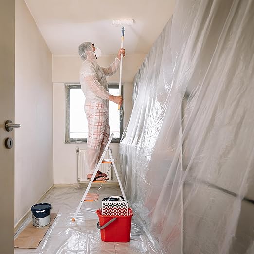 Pre-Taped Masking Film, 4 Rolls 8.8 x 65 Feet Plastic Sheeting, Painters Drop Cloth for Automotive, Furniture, and Appliance Protection