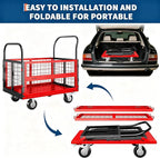 6in1 Foldable Platform Truck Cart with Cage Platform Truck,1800lbs Push Cart Dolly Capacity Flatbed Hand Truck Dolly Cart Multipurpose for Grocery, Laundry, Garage, Warehouse (Red+Black)