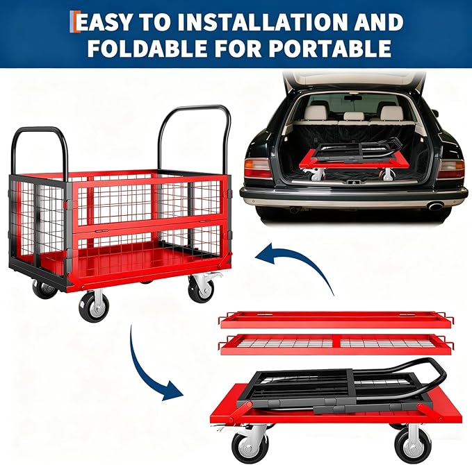 6in1 Foldable Platform Truck Cart with Cage Platform Truck,1800lbs Push Cart Dolly Capacity Flatbed Hand Truck Dolly Cart Multipurpose for Grocery, Laundry, Garage, Warehouse (Red+Black)