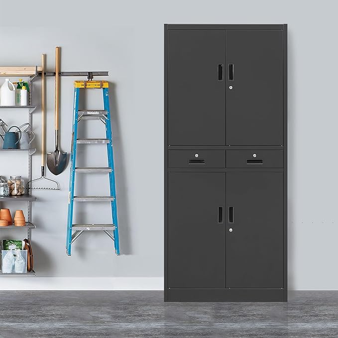 Metal Storage Cabinet, 71" Locking Storage Cabinet with Adjustable Shelves and 2 Drawers, Steel Cabinets for Office, Garage, Home, School, Utility Room(Black)