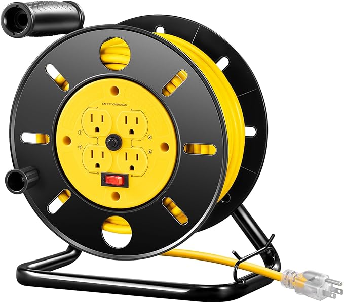 DEWENWILS Retractable Extension Cord Reel, 80FT Heavy Duty Open Cord Reel for Indoor Outdoor, 14/3 AWG SJTW, 4 Grounded Outlets, 13 Amp Circuit Breaker,Handle Rewind, Metal Stand, ETL Listed