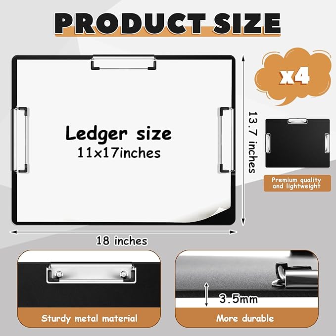 Tenceur 4 Pcs Extra Large 11x17 Clipboard - Horizontal Three Clip Plastic Clipboard for School, Office, Home & Teachers