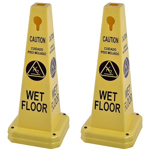 OrangeStar 4-Pack Wet Floor Caution Cones, Yellow Four Sided Bilingual Warning Message Safety Traffic Cones with Heavy Rubber Base for Indoor/Outdoor Use
