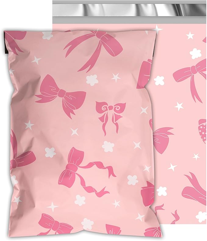 Poly Mailers 12x15.5 Inch 50 Pcs - Pink Bow printed Shipping Bags, 2.4mil Thickness, Waterproof and Tear Resistant Mailing Envelopes, Self-Sealing Packaging Bags for Small Business