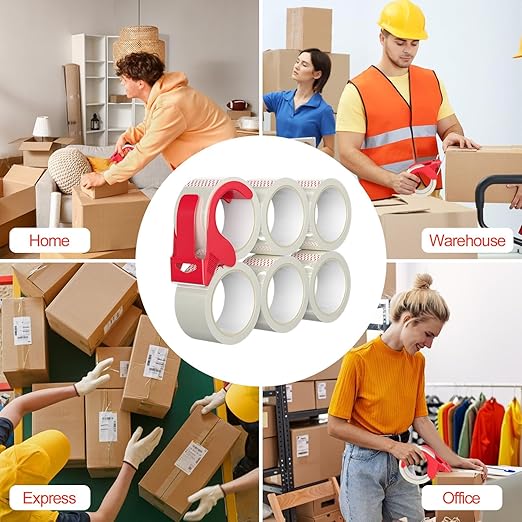 6 Rolls of Clear Shipping Packaging Tape, Packing Tape, Cardboard Tape, Adhesive Roll Packaging Tape with Plastic Dispenser for Packaging Parcels (1.96in x 2.59in)
