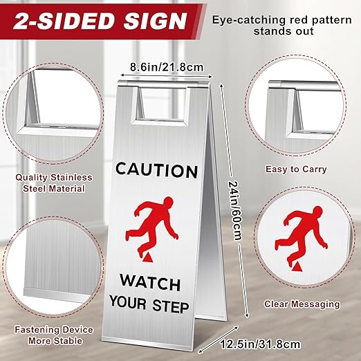 Tandefio 2 Pcs Stainless Steel Wet Floor Sign 24 Inch Caution Watch Your Step Signs Double Sided Foldable Commercial Safety Warning Industrial Warning Signs for Office Hotel Market Restroom Restaurant