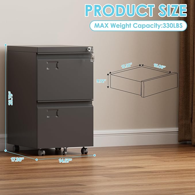 Aobabo 2 Drawer File Cabinet with Wheels, Lockable Metal Filing Cabinet with Business Card Slot for Legal/Letter Size Home Office, Required Assembled,Black