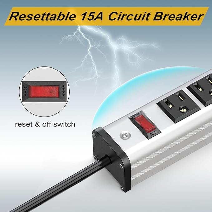 Long Surge Protector Power Strip,16 Outlet Heavy Duty Power Strip Metal Power Bar,10 FT Long Extension Cord with Circuit Breaker for Garage,Workshop,Industrial(125V/1875W, ETL Listed)