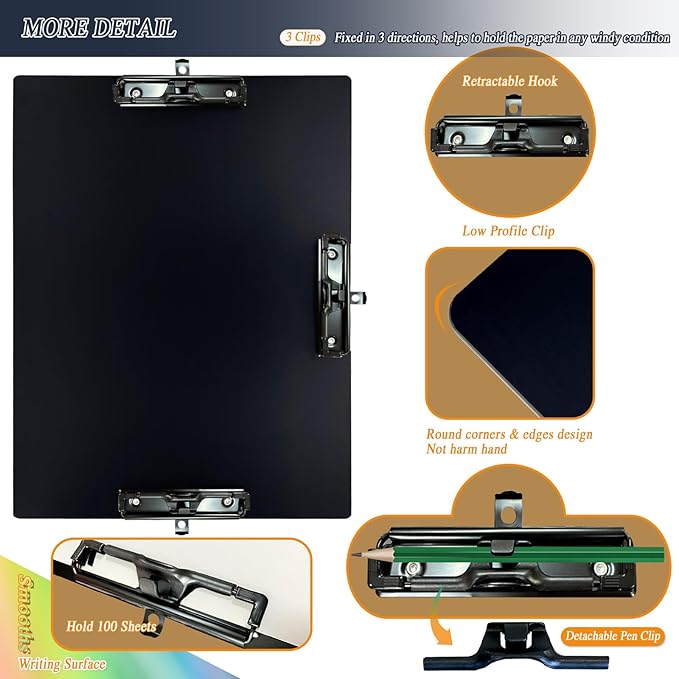 Three Black Clip Aluminum 11x17 Clipboard Metal Stainless Hangable Clipboards Art Pen Holder Extra Large Clip Board for Business Medical Professionals Workshop (Black, A3-3Clip)