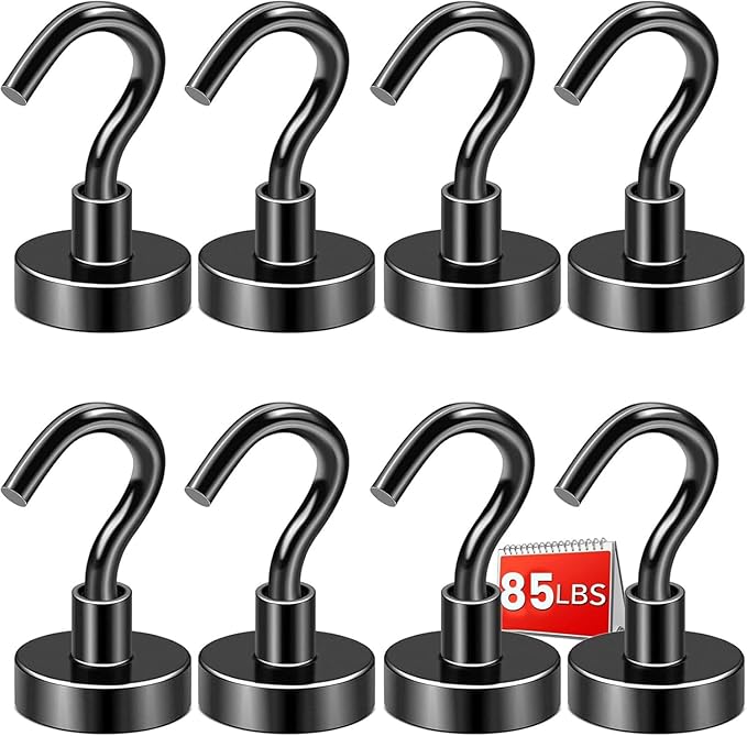DIYMAG Black Magnetic Hooks, 85 LB Heavy Duty Strong Magnets with Hook, Rare Earth Neodymium Magnet for Cabins Cruise Ship Essentials 8 Packs